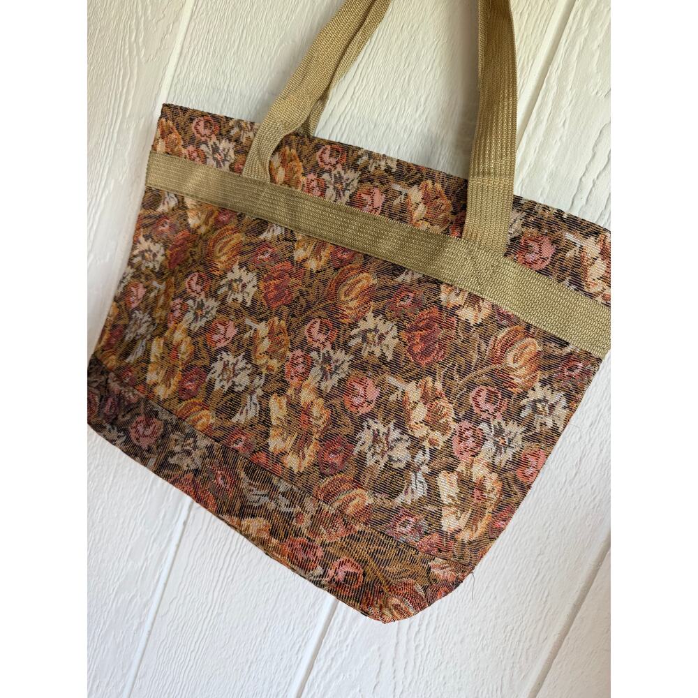 Vintage Floral Tapestry Tote Bag Large Boho Market Bag Zip Pocket Carryall - Picture 2 of 6